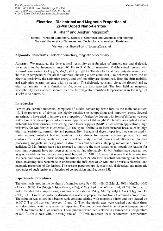 Electrical, Dielectrical and Properties of ZrMn Doped Nano