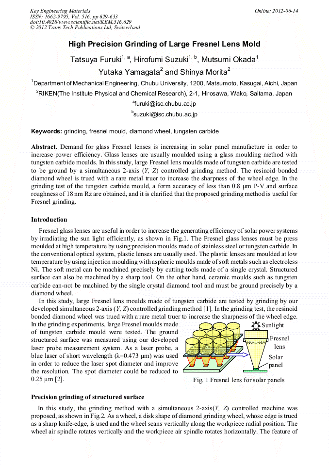 High Precision Grinding of Large Fresnel Lens Mold