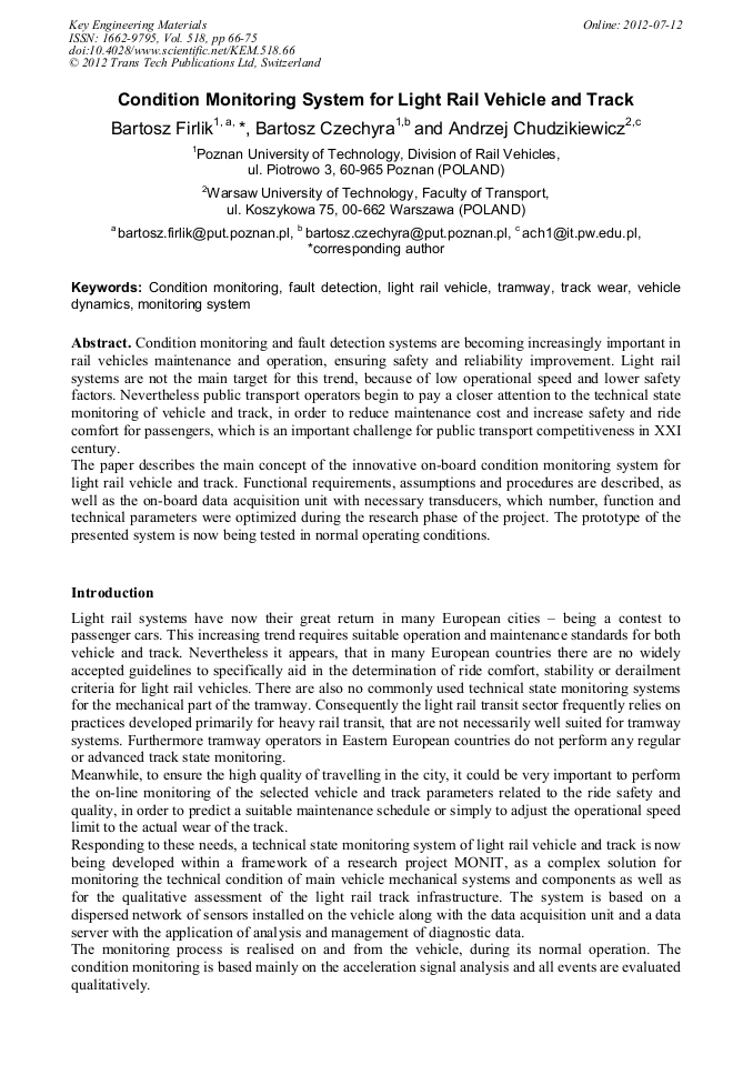 Condition Monitoring System for Light Rail Vehicle and Track