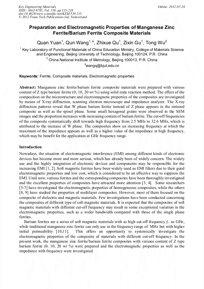 Preparation and Properties of Manganese Zinc Ferrite/Barium Ferrite Composite