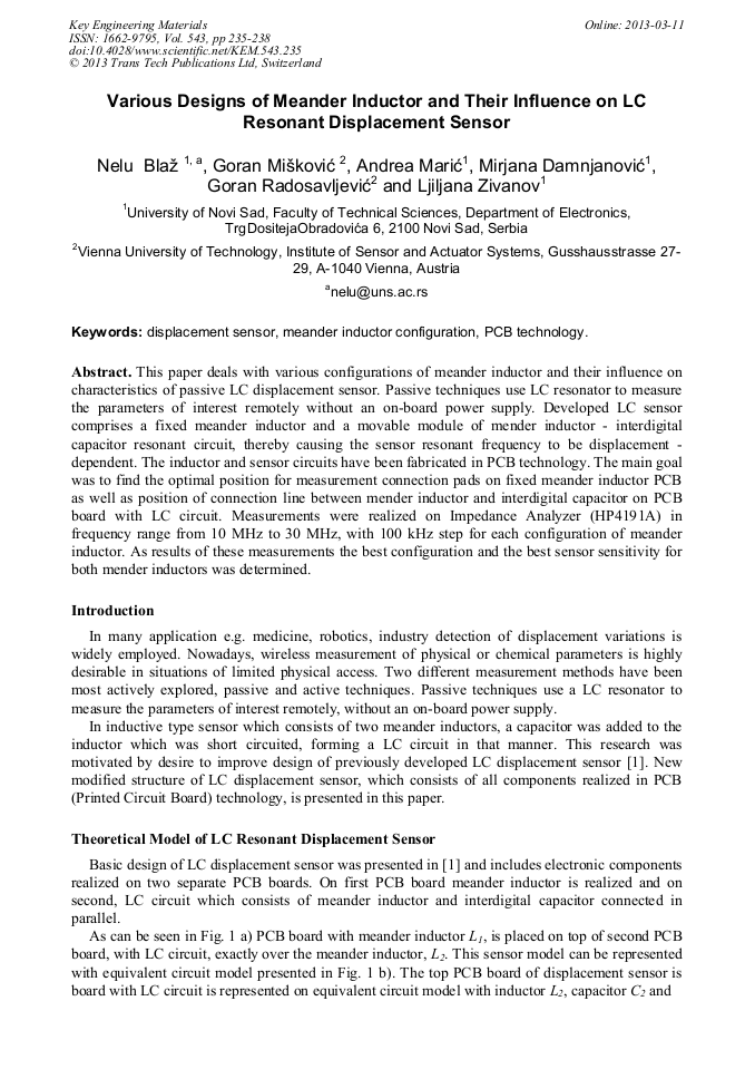 Various Designs of Meander Inductor and their Influence on LC Resonant Displacement Sensor