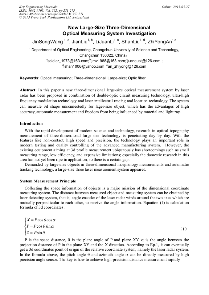New LargeSize ThreeDimensional Optical Measuring System Investigation