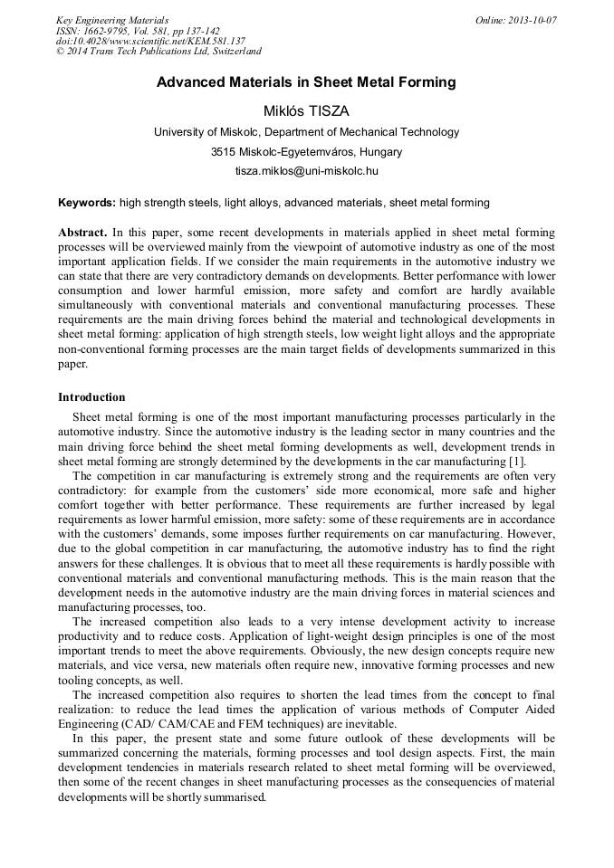 Advanced Materials in Sheet Metal Forming | Scientific.Net