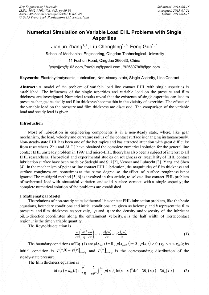 Numerical Simulation on Variable Load EHL Problems with Single ...