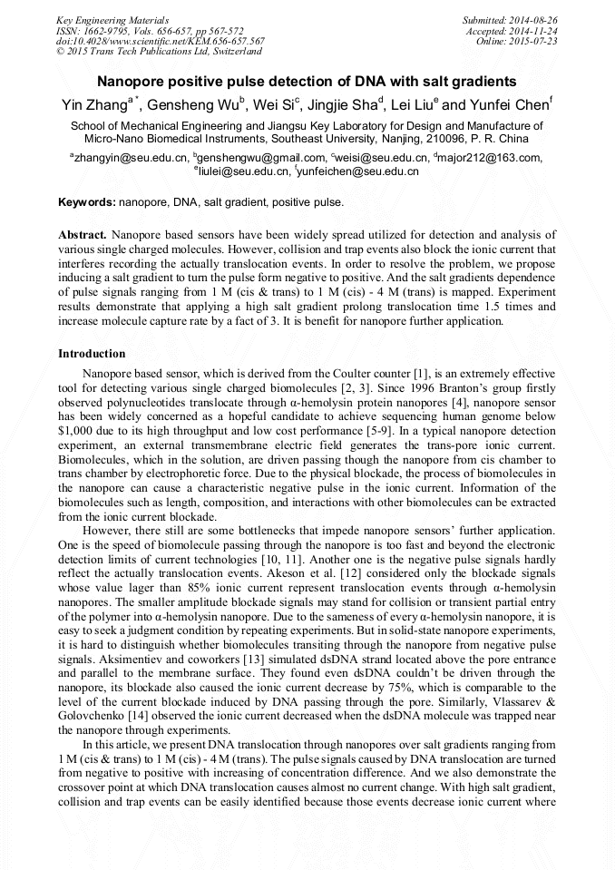 Nanopore Positive Pulse Detection of DNA with Salt Gradients ...