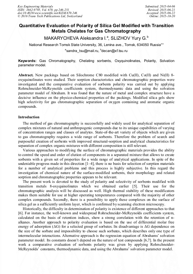 Quantitative Evaluation of Polarity of Silica Gel Modified with Transition Metals Chelates for