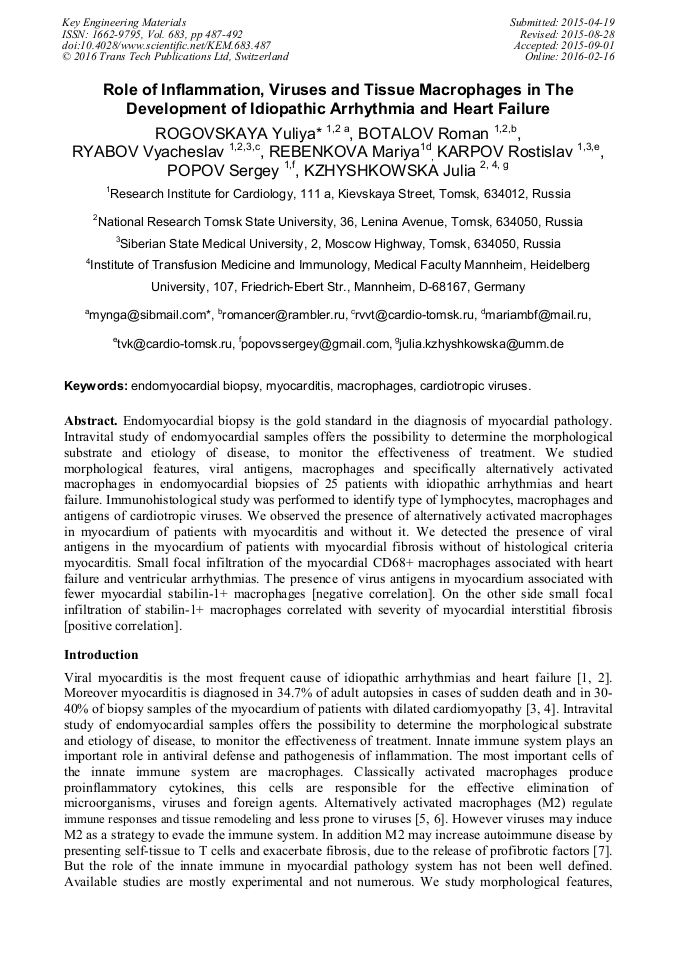 Role Of Inflammation Viruses And Tissue Macrophages In The Development Of Idiopathic Arrhythmia And Heart Failure Scientific Net