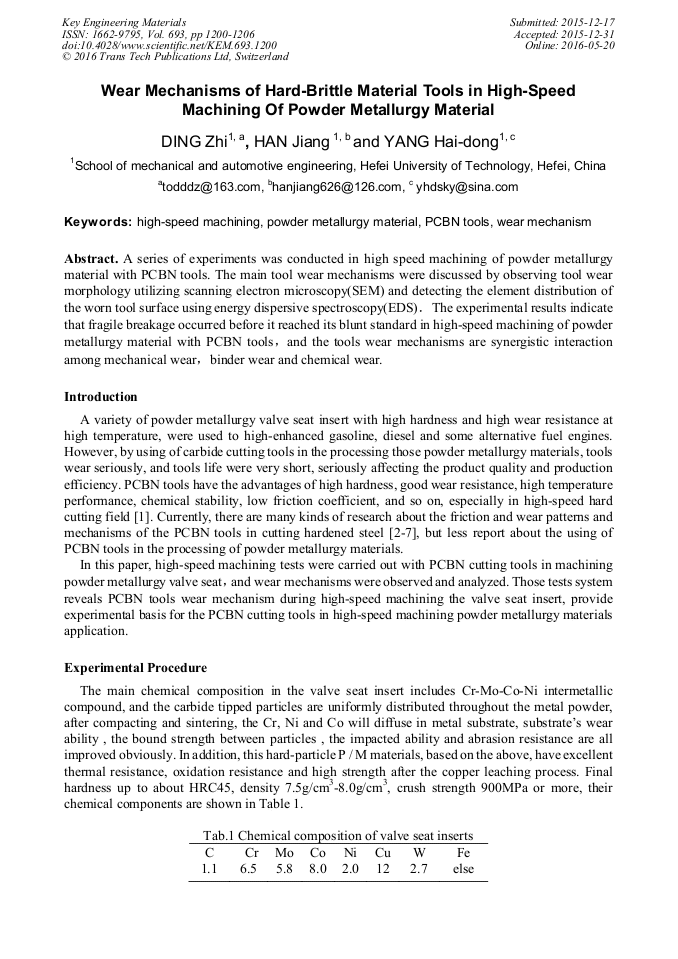 Wear Mechanisms of HardBrittle Material Tools in HighSpeed Machining