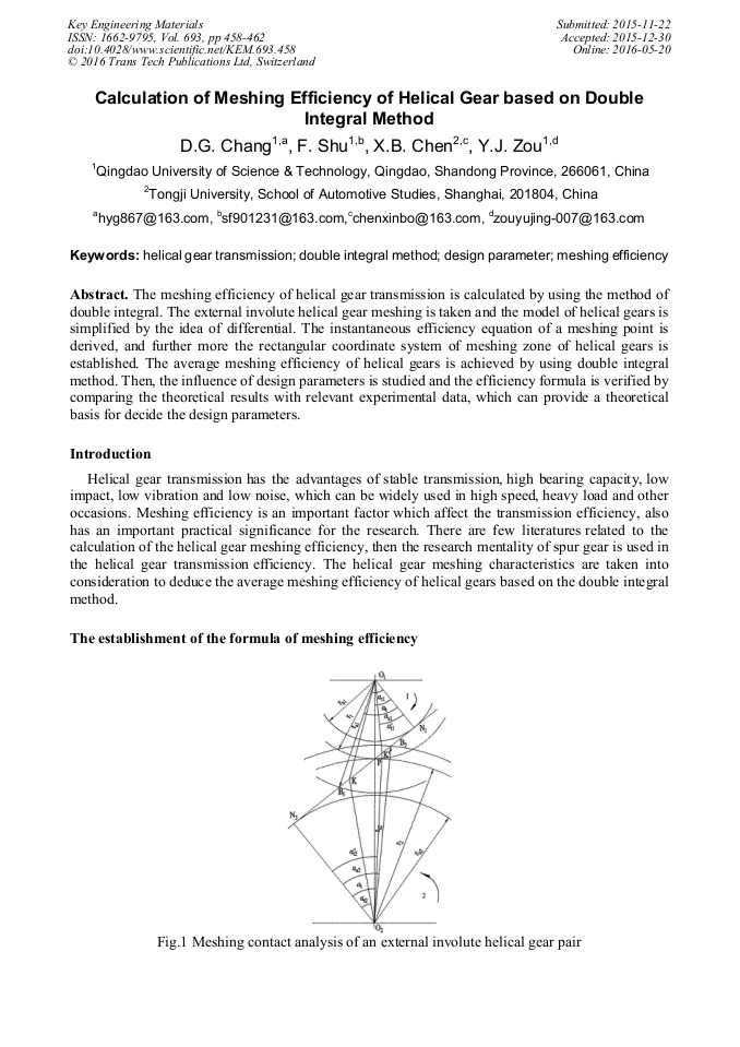 Calculation of Meshing Efficiency of Helical Gear Based on Double