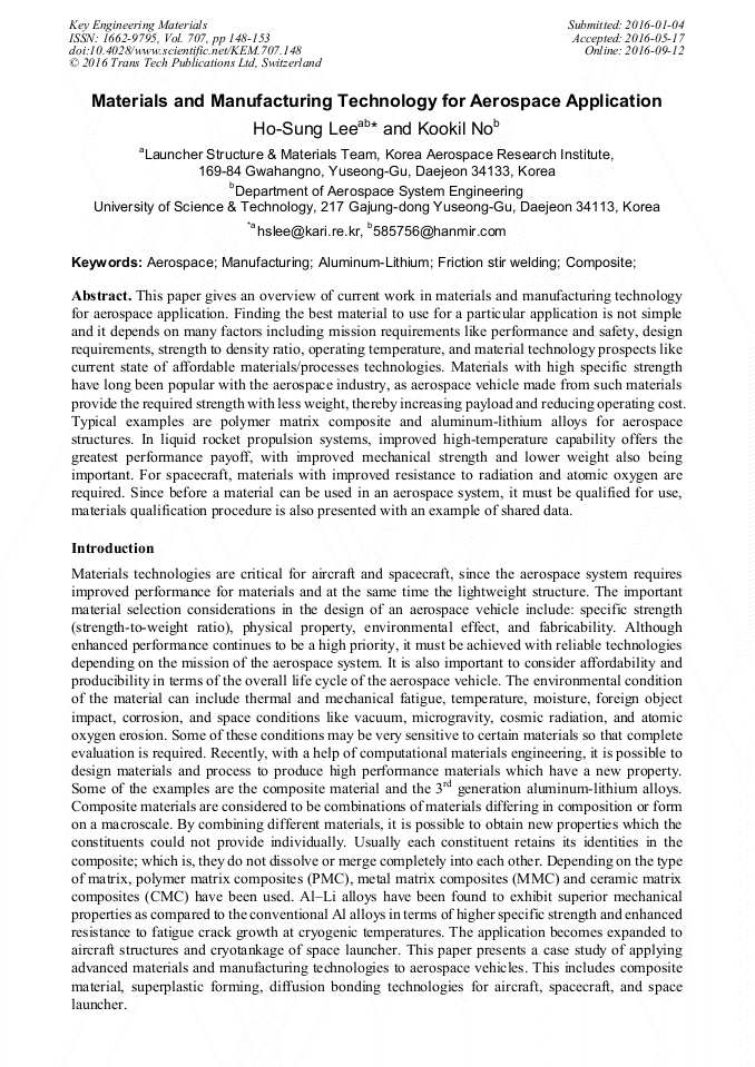 Materials and Manufacturing Technology for Aerospace Application ...