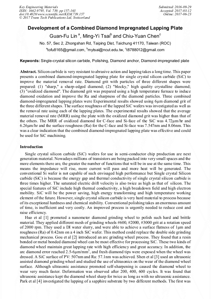 Development of a Combined Diamond Impregnated Lapping Plate ...