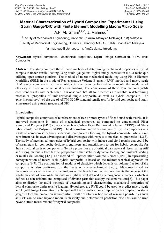 Material Characterization Of Hybrid Composite Experimental Using Strain Gauge Dic With Finite Element Modelling Macro Micro Scale Scientific Net