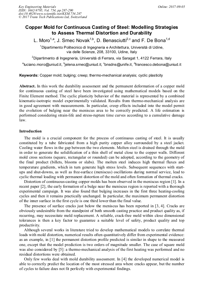 Copper Mold for Continuous Casting of Steel Modelling Strategies to