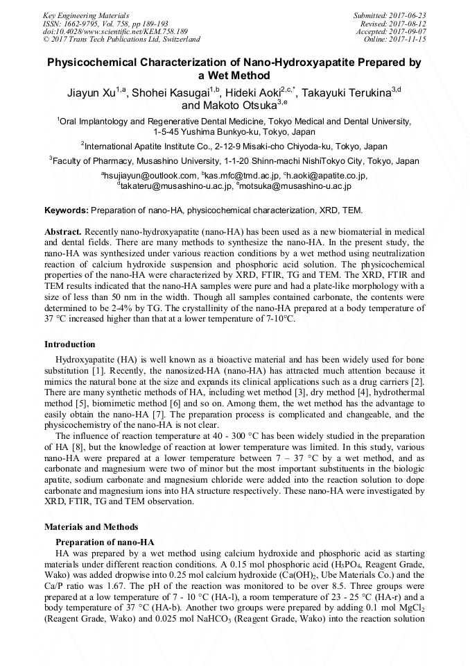Physicochemical Characterization of Nano-Hydroxyapatite Prepared by a