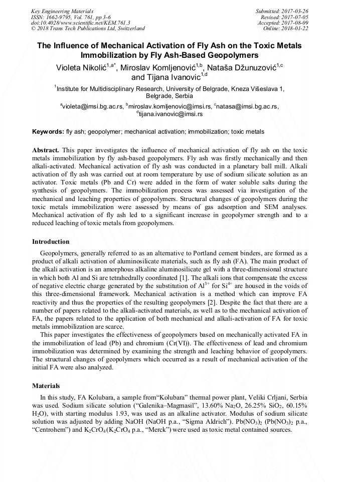 The Influence of Mechanical Activation of Fly Ash on the Toxic Metals