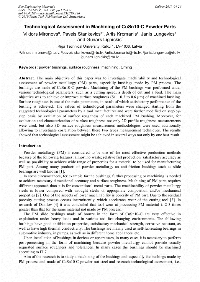 Technological Assessment in Machining of CuSn10C Powder Parts