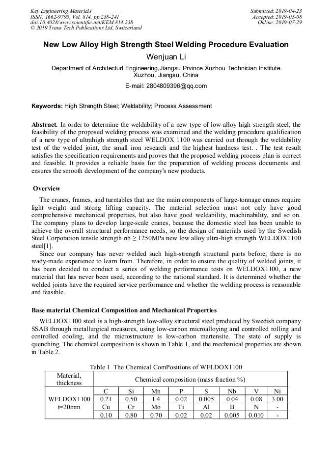New Low Alloy High Strength Steel Welding Procedure Evaluation