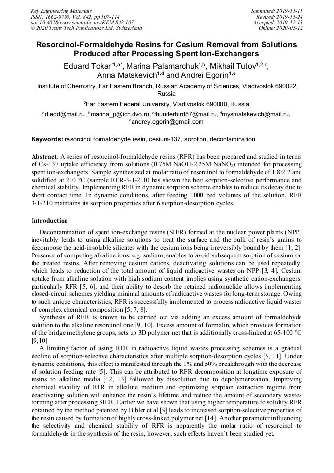 ResorcinolFormaldehyde Resins for Cesium Removal from Solutions