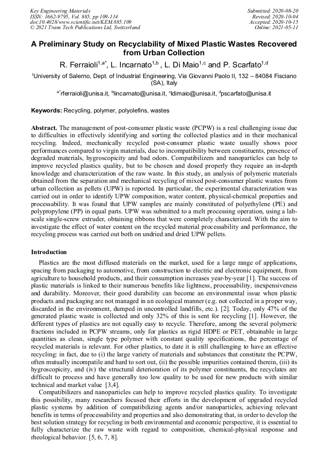 A Preliminary Study on Recyclability of Mixed Plastic Wastes Recovered