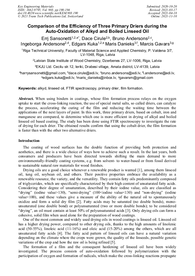 Comparison of the Efficiency of Three Primary Driers during the Auto