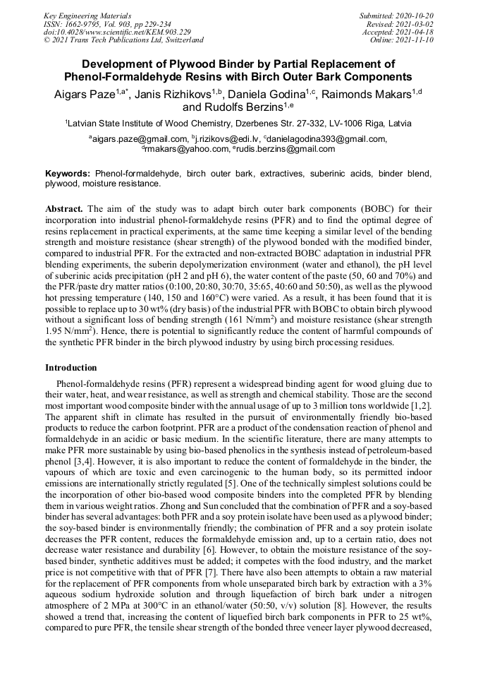 Development of Plywood Binder by Partial Replacement of Phenol