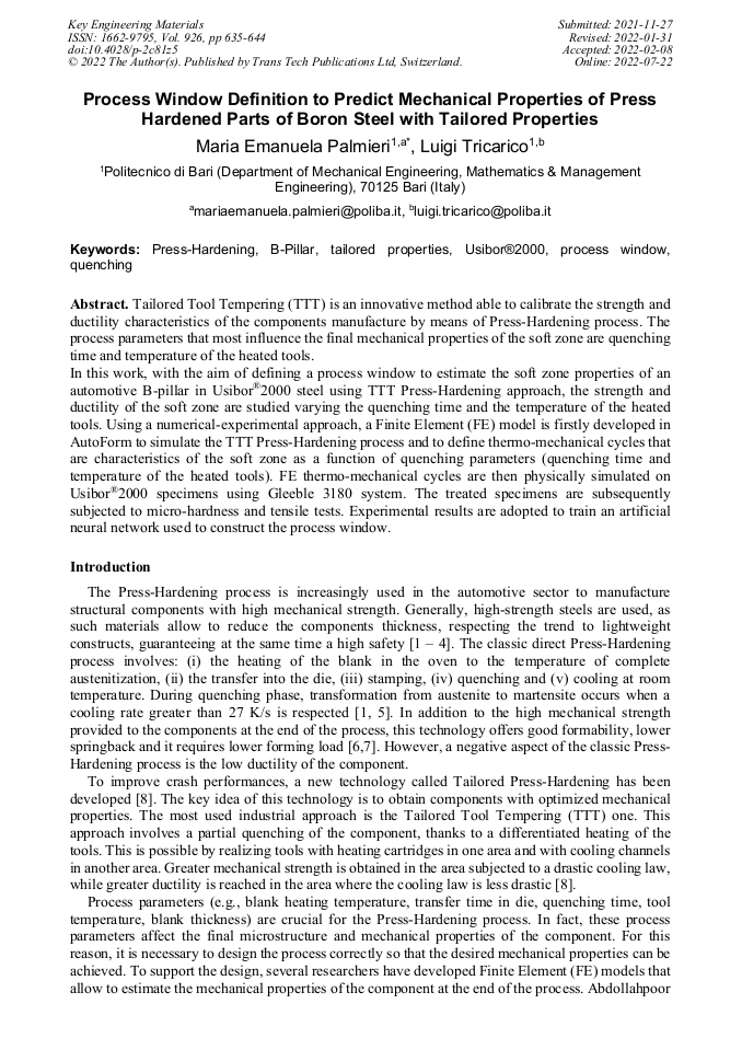 Process Window Definition to Predict Mechanical Properties of Press Hardened Parts of Boron