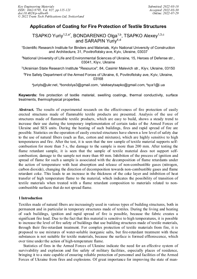 Application of Coating for Fire Protection of Textile Structures