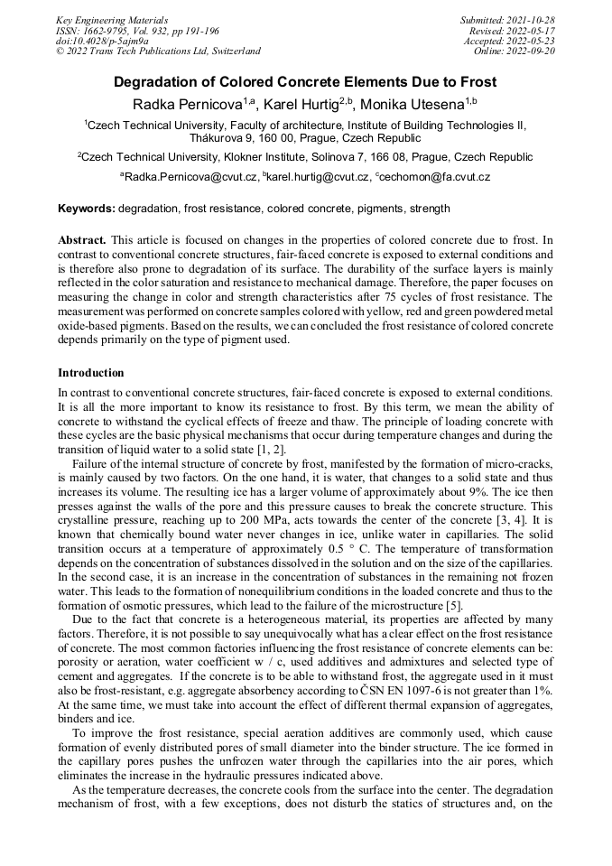 Degradation of Colored Concrete Elements due to Frost