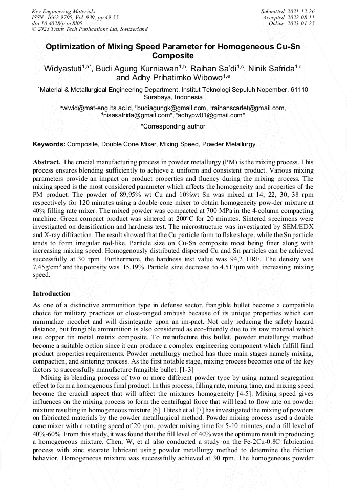 Optimization of Mixing Speed Parameter for Homogeneous CuSn Composite