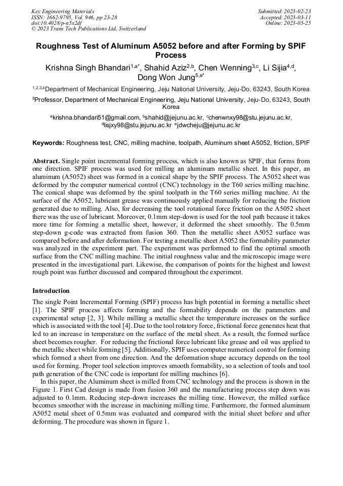 Roughness Test of Aluminum A5052 before and after Forming by SPIF