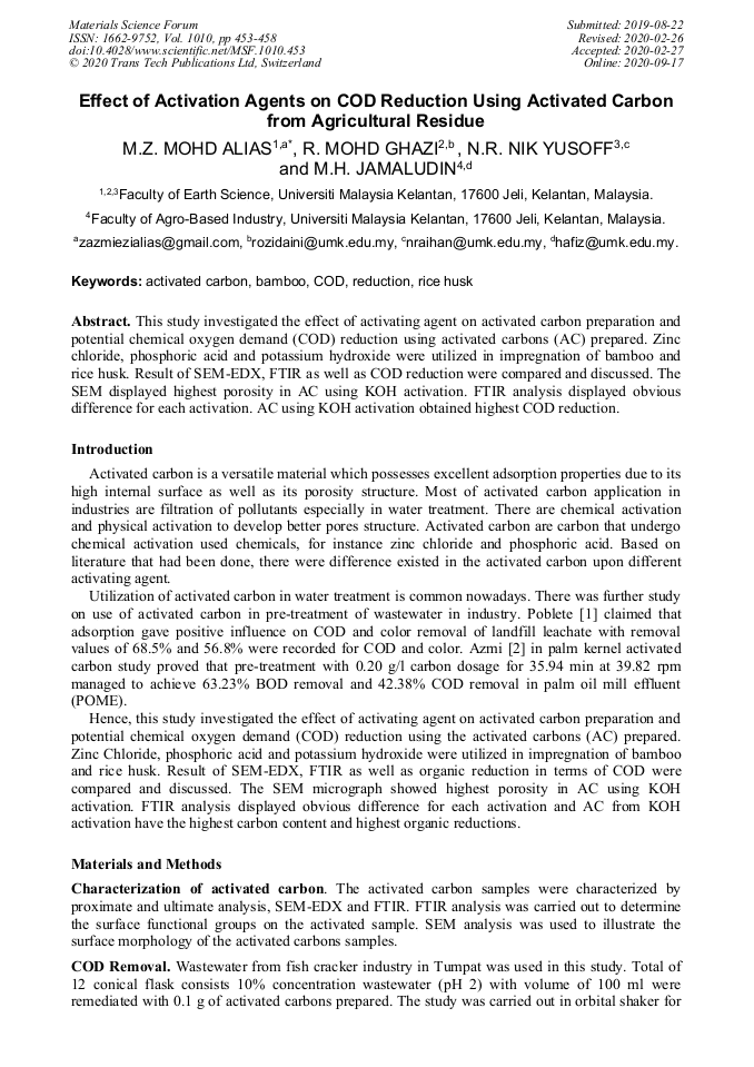 Effect of Activation Agents on COD Reduction Using Activated Carbon