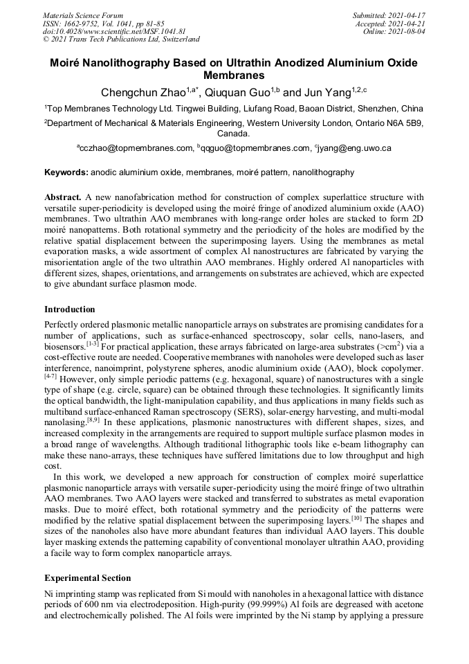Moiré Nanolithography Based on Ultrathin Anodized Aluminium Oxide
