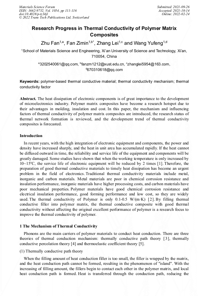 Research Progress in Thermal Conductivity of Polymer Matrix Composites