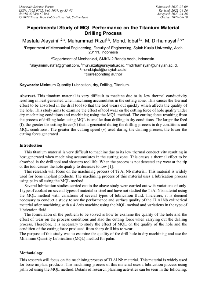 Experimental Study of MQL Performance on the Titanium Material Drilling ...