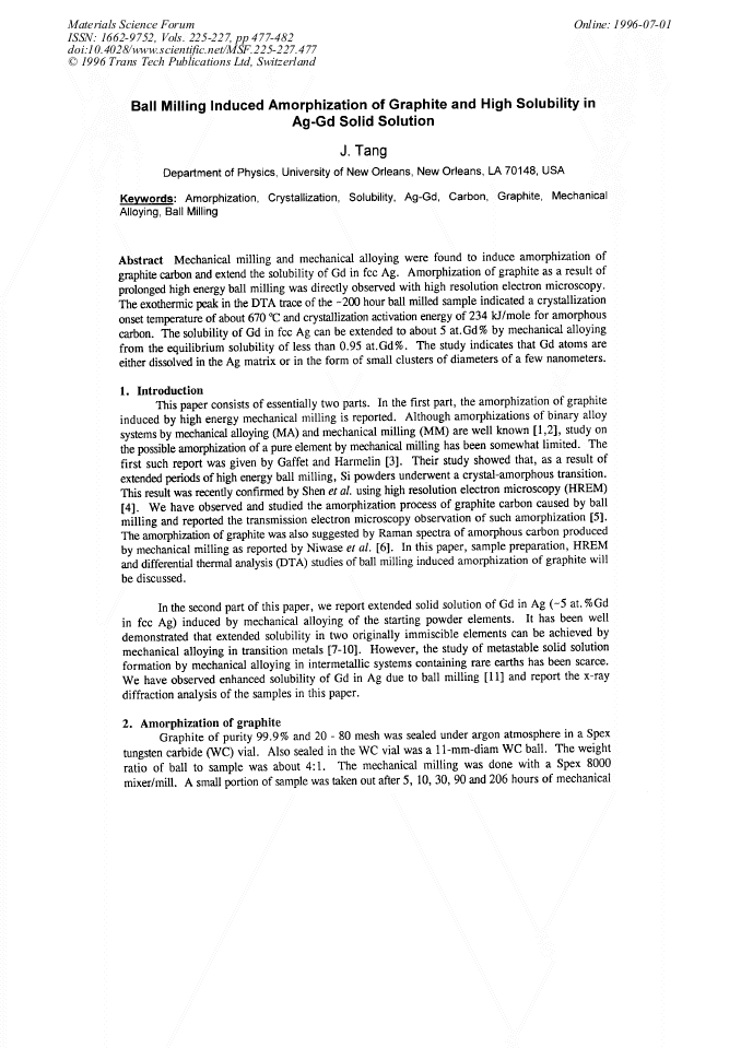 Ball Milling Induced Amorphization of Graphite and High Solubility in