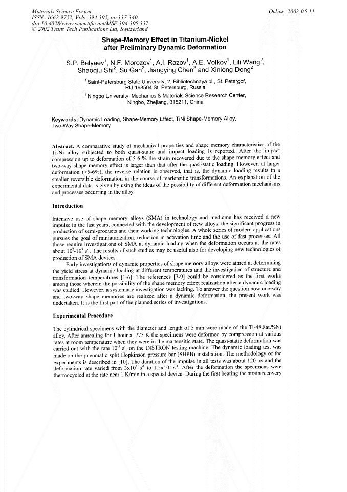 ShapeMemory Effect in TitaniumNickel after Preliminary Dynamic