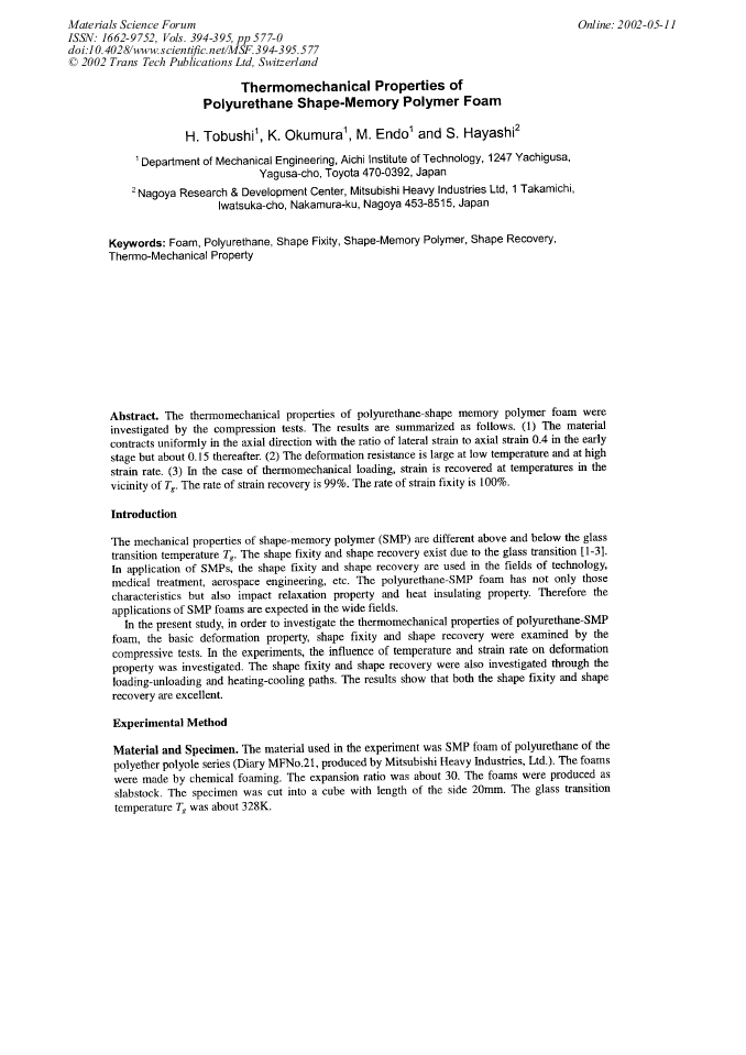 Thermomechanical Properties Of Polyurethane Shape Memory - 