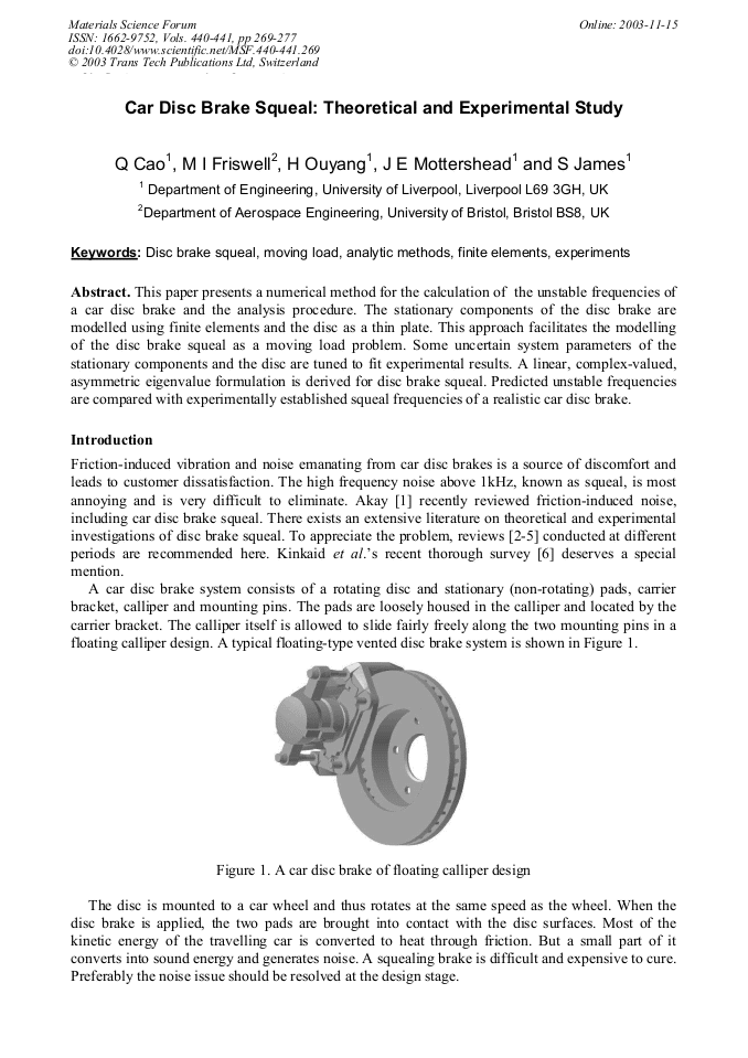 Car Disc Brake Squeal: Theoretical and Experimental Study | Scientific.Net