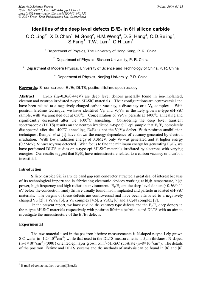 Identities of the Deep Level Defects E1/E2 in 6H Silicon Carbide ...