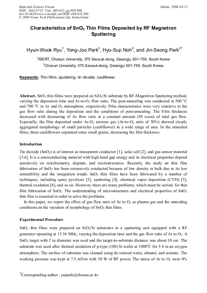 Characteristics of SnO2 Thin Films Deposited by RF Magnetron Sputtering ...