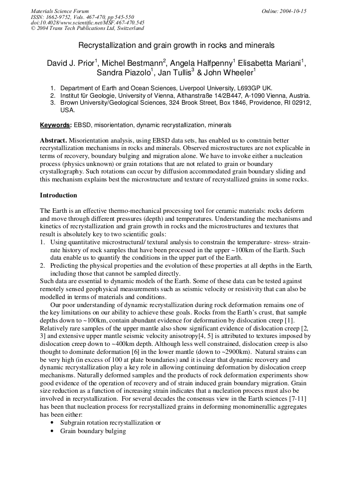 Recrystallization and Grain Growth in Rocks and Minerals