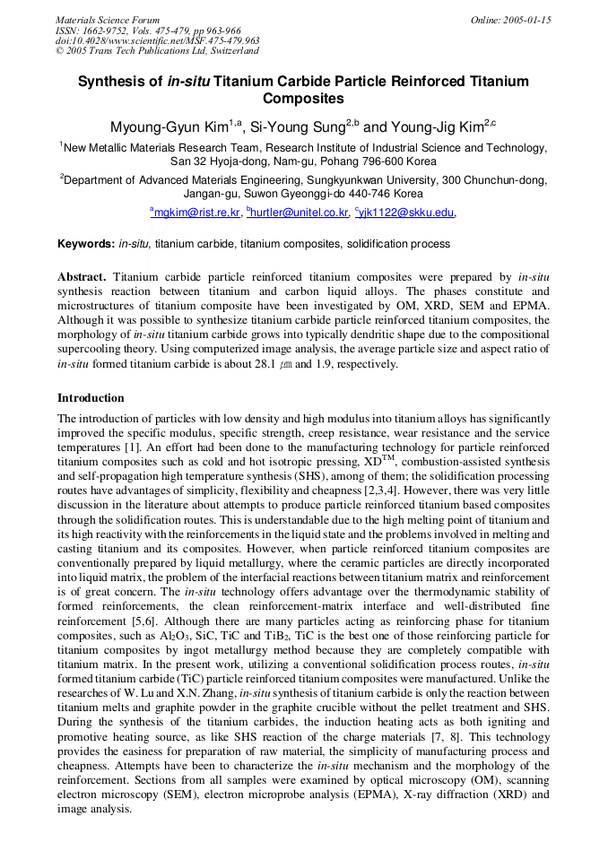 Synthesis of InSitu Titanium Carbide Particle Reinforced Titanium