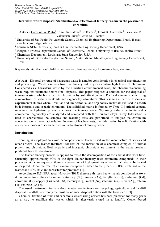 Hazardous Wastes Disposal Stabilization/Solidification of Tannery