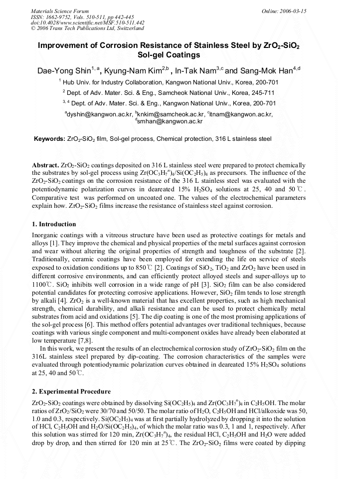 Improvement of Corrosion Resistance of Stainless Steel by ZrO2-SiO2 Sol ...