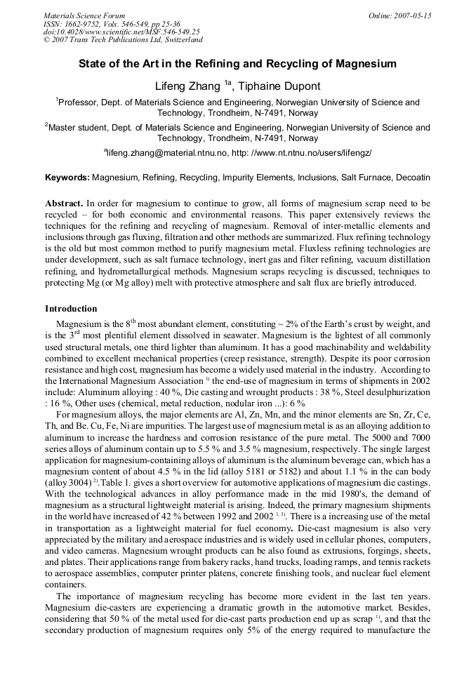 State of the Art in the Refining and Recycling of Magnesium