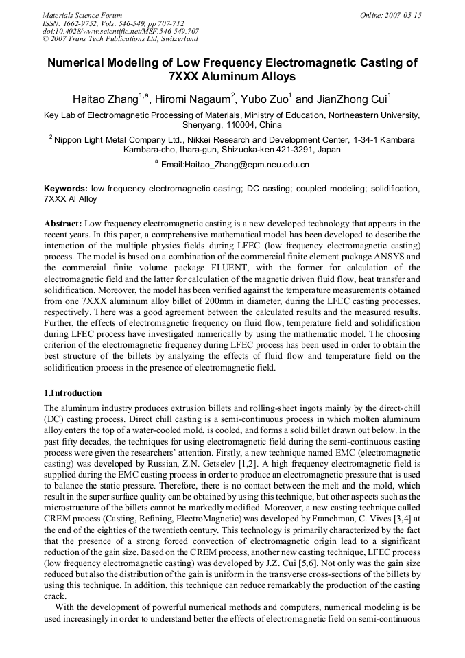 Numerical Modeling of Low Frequency Casting of 7XXX