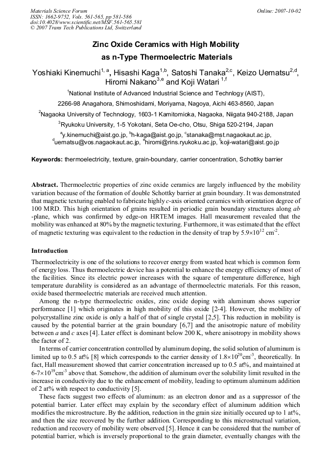 Zinc Oxide Ceramics with High Mobility as nType Thermoelectric