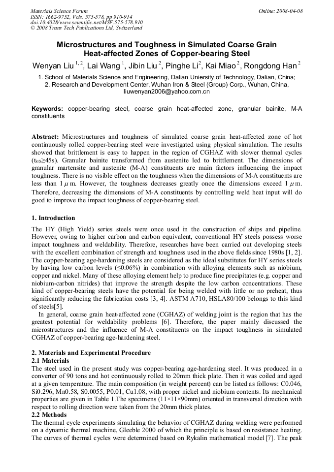 Microstructures and Toughness in Simulated Coarse Grain HeatAffected
