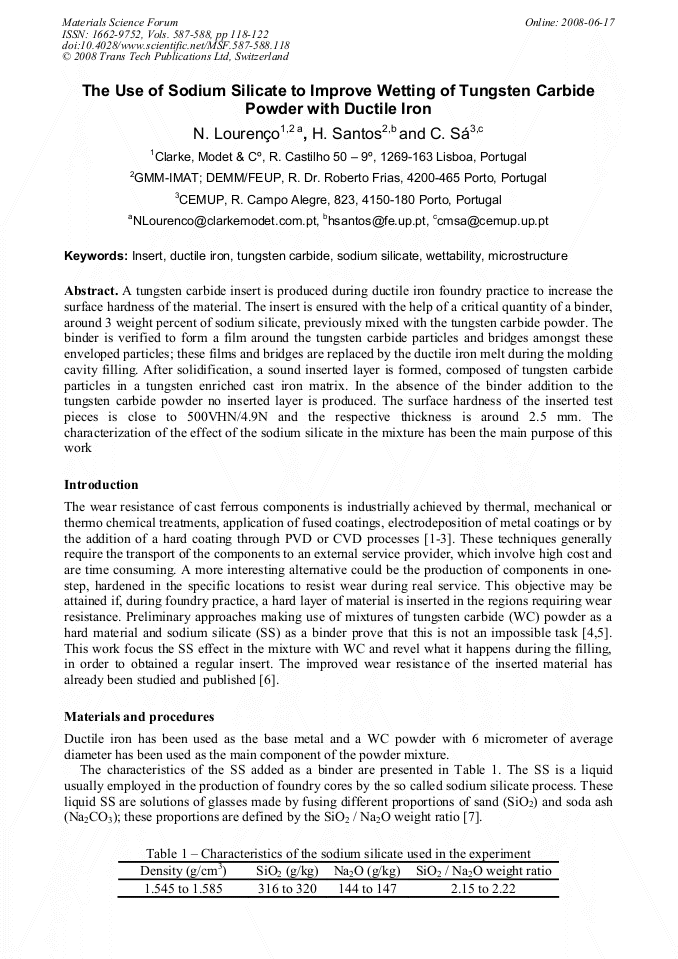 The Use of Sodium Silicate to Improve Wetting of Tungsten Carbide