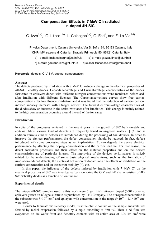 Compensation Effects In 7 Mev C Irradiated N Doped 4h Sic Scientific Net